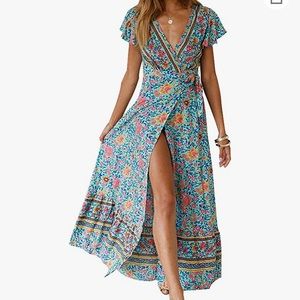 Floral Printed Wrap Long Maxi V-Neck Bohemian Summer Dress Sz XL